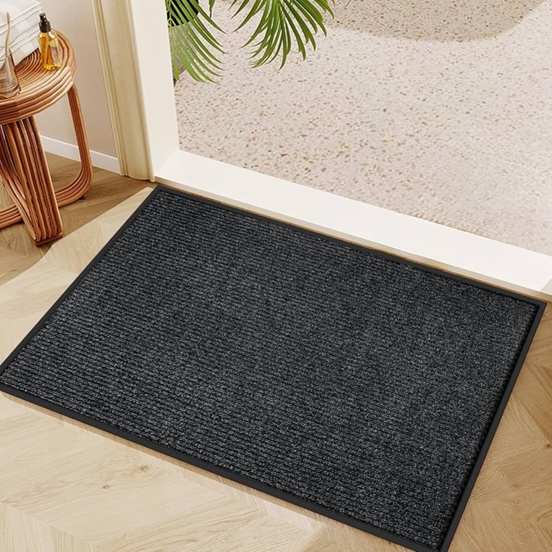 Doormat, Extra Wide Charcoal Ribbed Texture, Matte Border, Modern