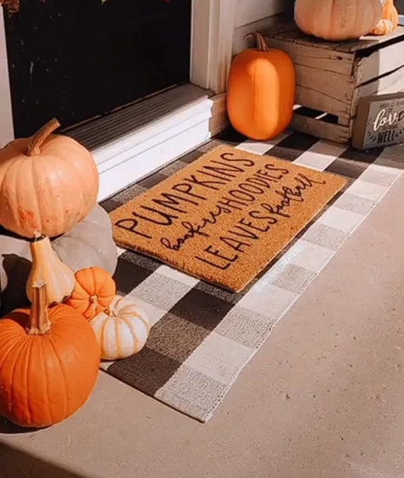 Doormat Farmhouse Typography Checkered Rug Layered Coir Pumpkin Styling