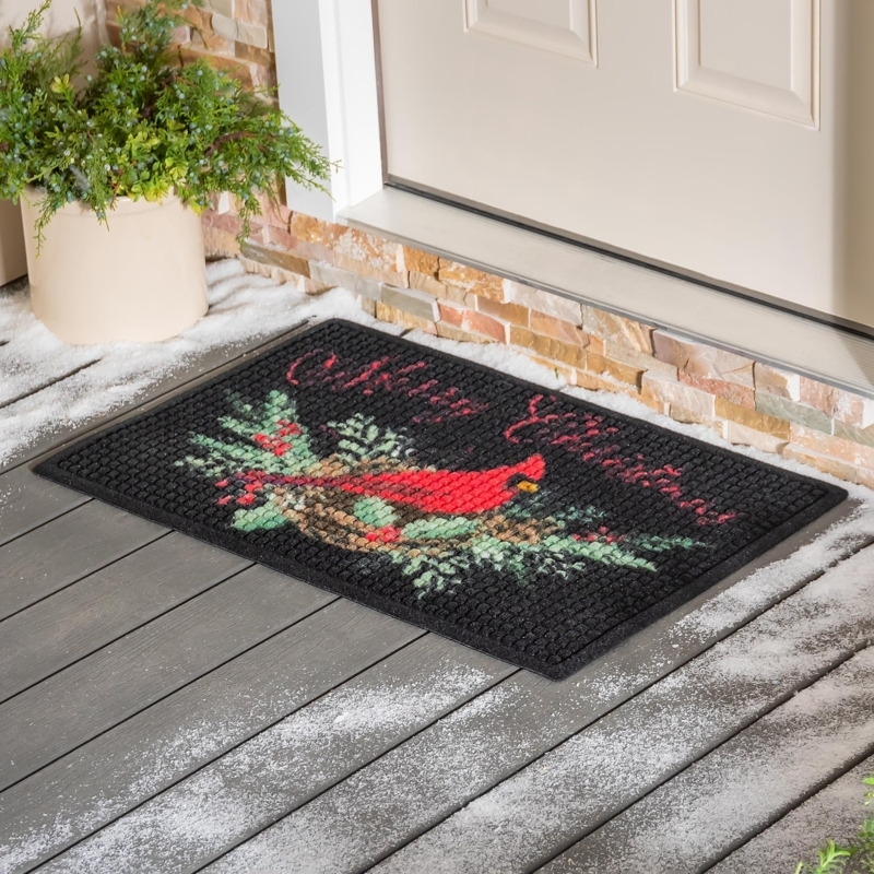 Doormat Festive Cardinal Entryway Decor Raised Texture Holiday Script