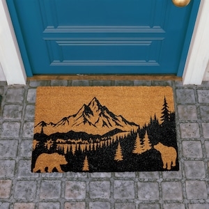 Doormat Fibrous Texture, Mountain Landscape Print, Bear Silhouette, Black