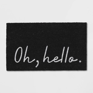 Doormat Fibrous Texture Script Typography Oh Hello Black White