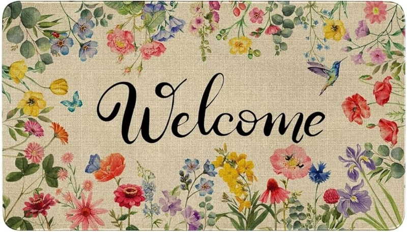 Doormat Floral Border Linen Look Base Script Welcome Cottagecore Style