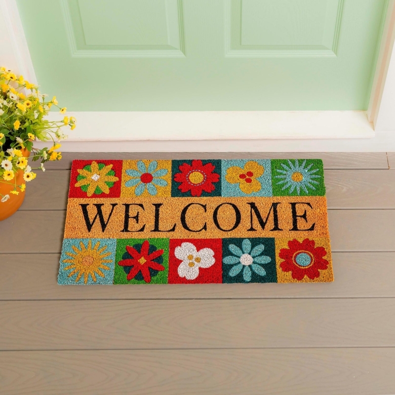 Doormat Floral Grid Pattern Text Element Vibrant Coir (55)