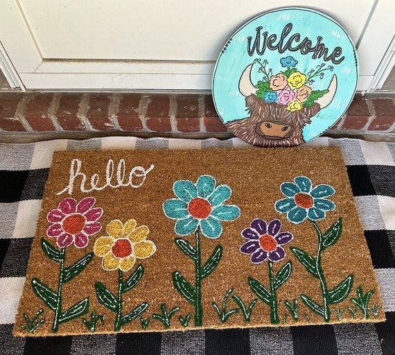 Doormat Floral Hand Painted Script Text Farmhouse Style Cheerful