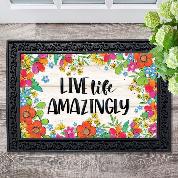 Doormat Floral Scrollwork Border Inspirational Quote Black