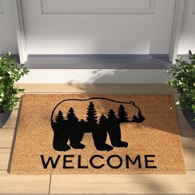 Doormat Forest Within Bear Graphic, Bold Welcome Text, Coarse Coir Texture