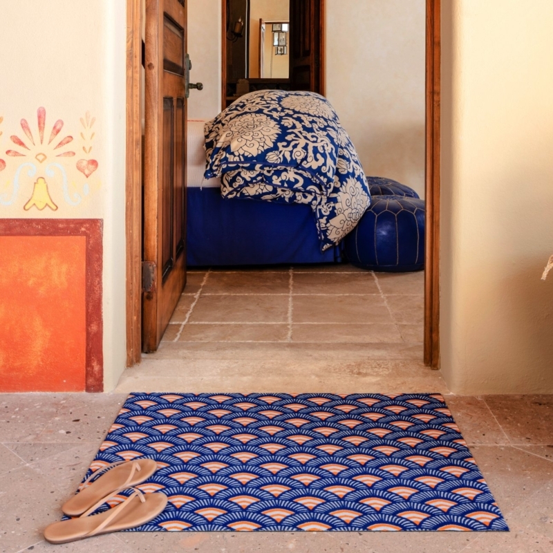Doormat Geometric Fan Pattern Low Profile Navy Low Profile Entryway Mat