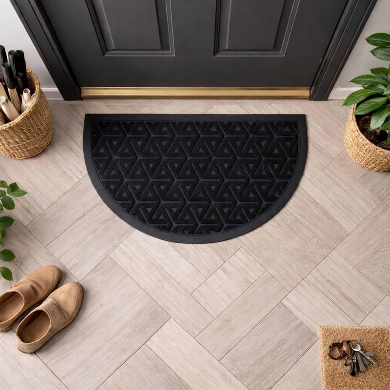Doormat Geometric Half Round Shape, Matte Black Raised Pattern.