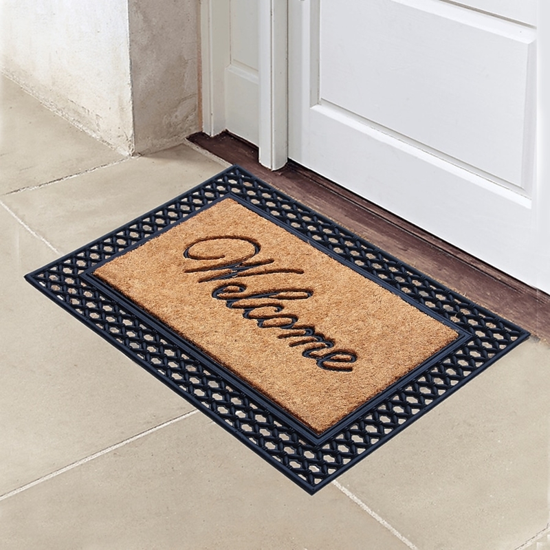 Doormat Geometric Lattice Border Welcome Script Text Coir Like