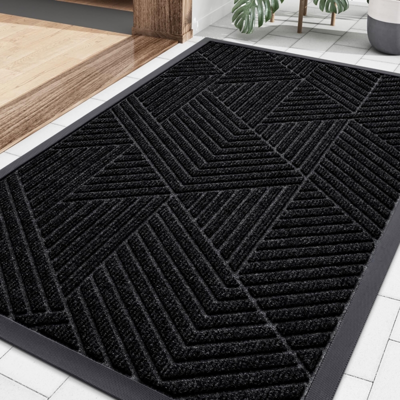 Doormat Geometric Triangle Pattern Black Rubber Low Profile Modern