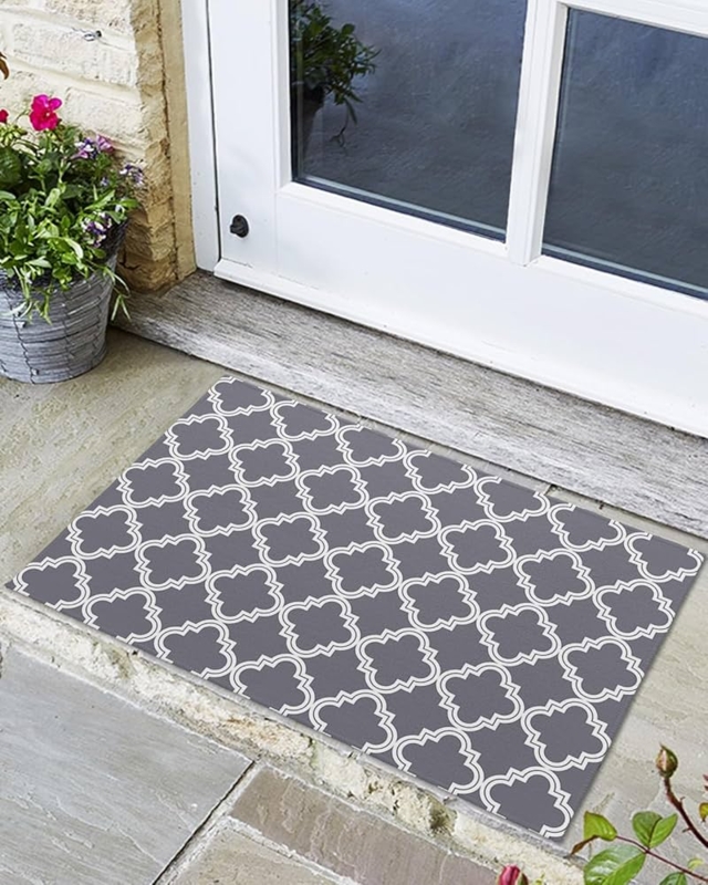 Doormat Gray Moroccan Pattern Quatrefoil Print Low Profile Transitional