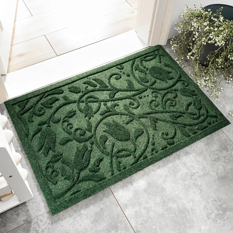 Doormat Green Floral Entryway Botanical Low Profile Molded Design