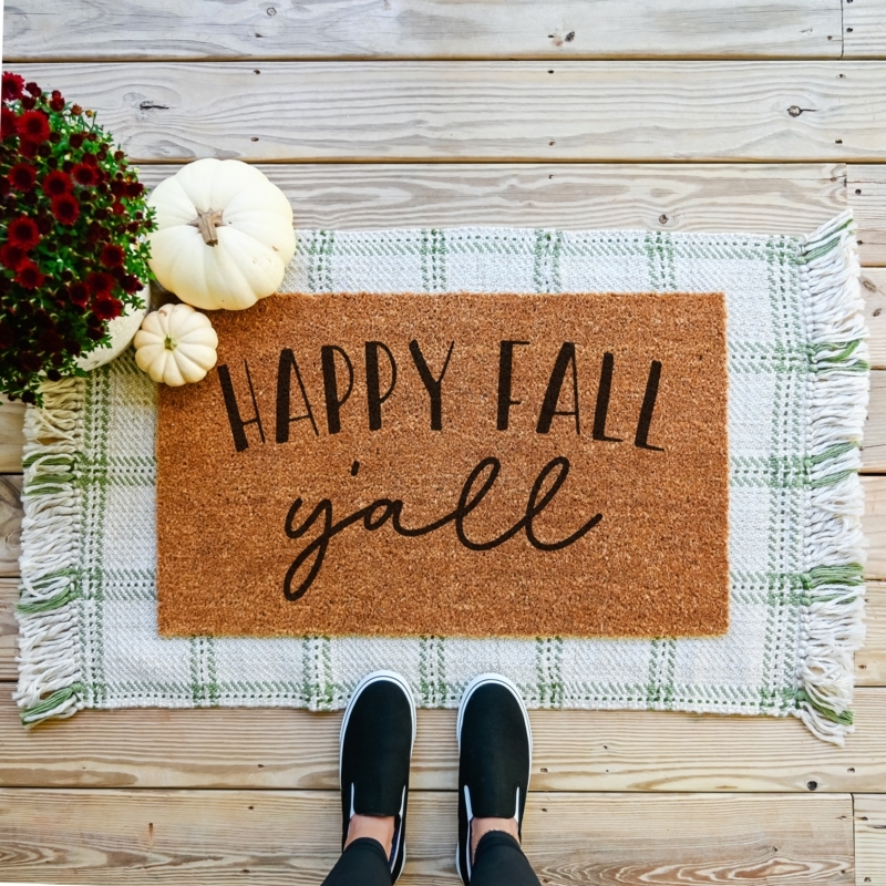 Doormat Green Plaid Rug & Coir 'Happy Fall Y'all' Fringed Layered