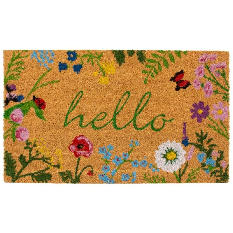 Doormat Green Script Hello Wildflower Border Butterfly Motif Coir Porch