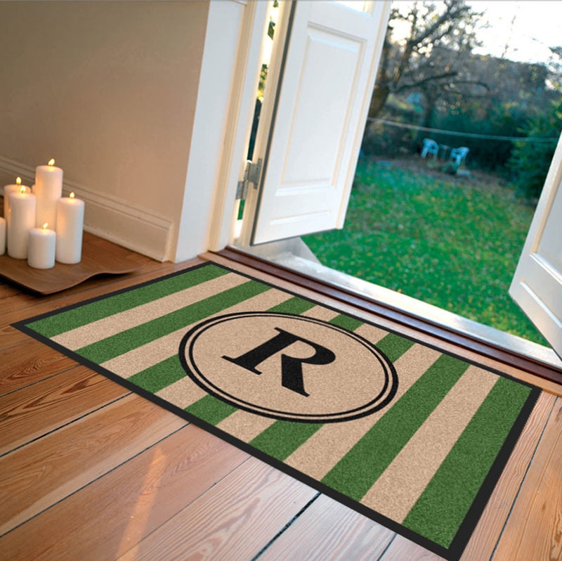 Doormat Green Stripes Black Border Circle Medallion Monogram Mat