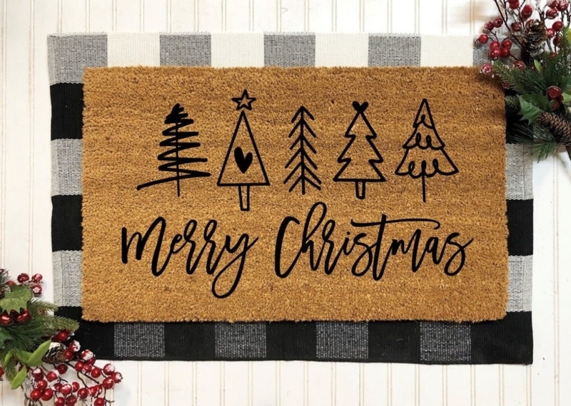 Doormat Hand Drawn Tree Graphics Coir, Layered Rug Styling, Coir Christmas Tree Door Mat