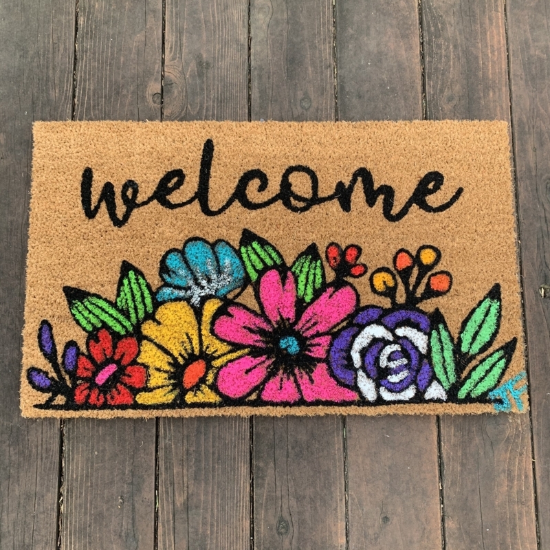 Doormat Hand Painted Floral Border Coir Cursive Script Bohemian Porch