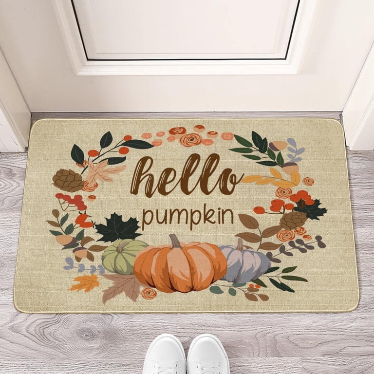 Doormat, Harvest Wreath, Linen-Like Texture, "Hello Pumpkin", Farmhouse