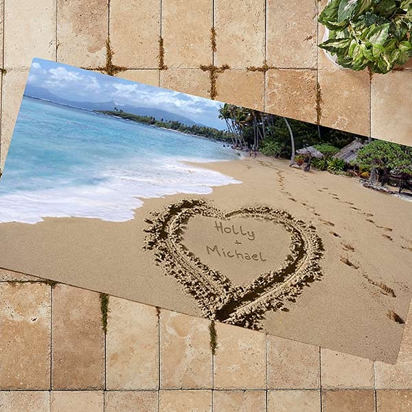 Doormat Heart In Sand Motif Tropical Island Print Personalized Coastal