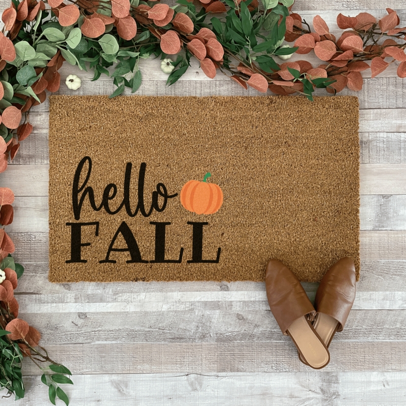 Doormat 'Hello Fall' Bold Typography Pumpkin Graphic Natural Coir