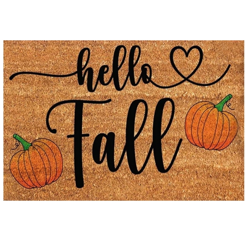Doormat 'Hello Fall' Script & Pumpkin Graphic Rustic Coir Mat