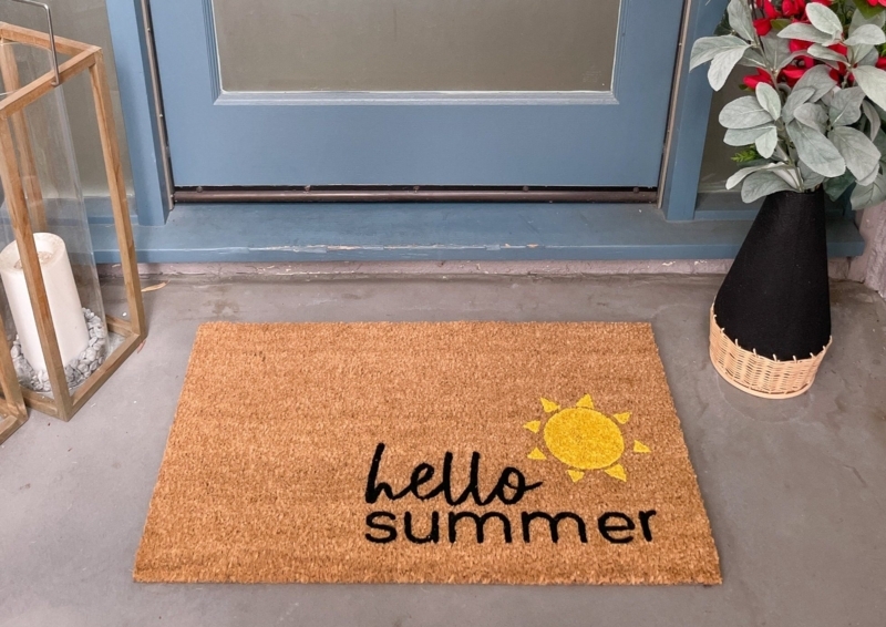 Doormat Hello Summer Text with Sun Graphic, Coir Material