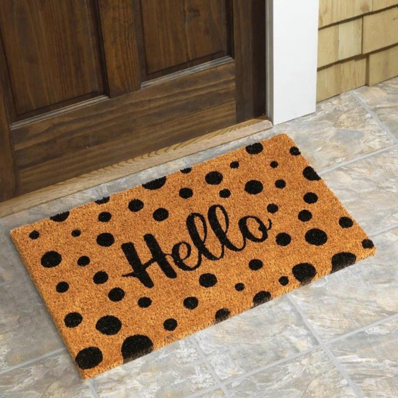 Doormat Hello Text Polka Dot Natural Coir Modern Farmhouse Decor