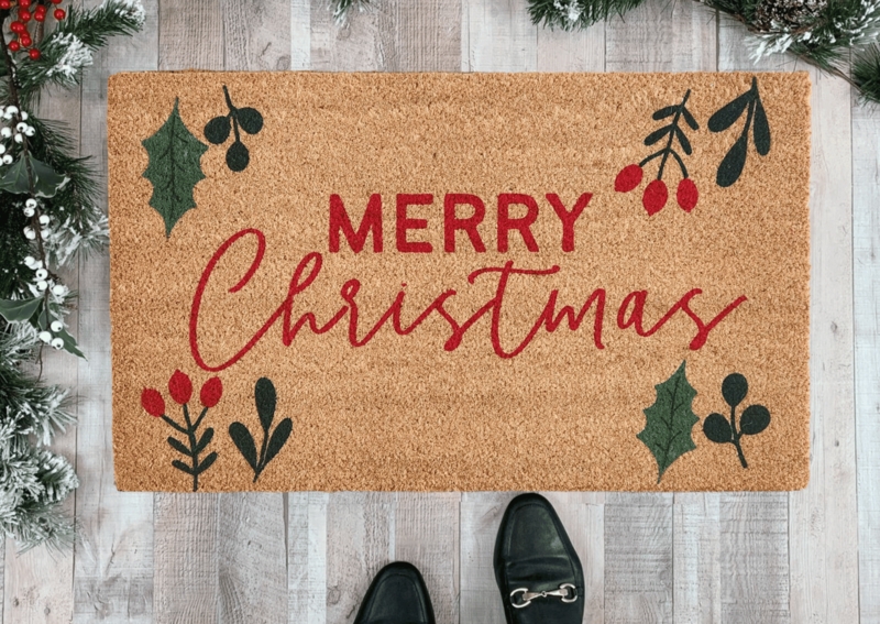 Doormat Holiday Botanical Accents Coir, Mixed Font Typography, Merry Christmas Coir Doormat