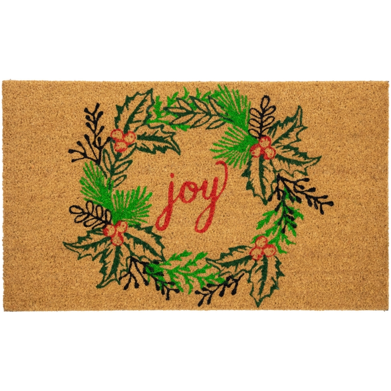 Doormat Holiday Wreath Print Coir, Red Script Text, Festive Christmas Wreath Welcome Mat