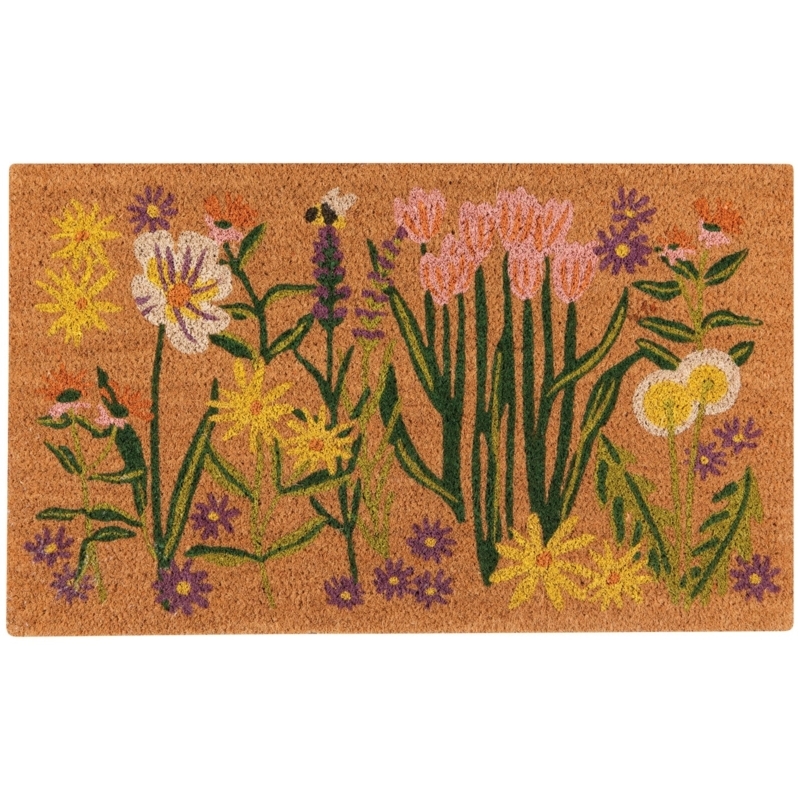 Doormat Honeybee Motif Wildflower Illustration Cottagecore Style