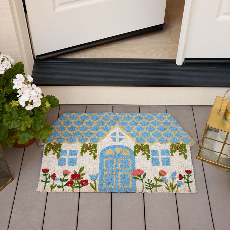 Doormat House Shaped Scalloped Roof Floral Garden Whimsical Porch Decor