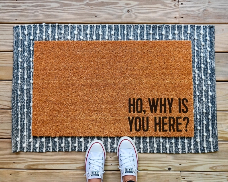 Doormat Humorous Text & High Contrast Stripes Layering Idea