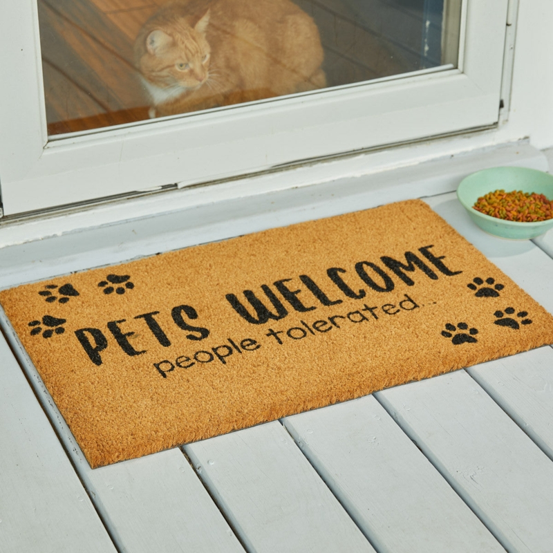 Doormat Humorous Text Paw Print Accents Natural Coir Pets Welcome