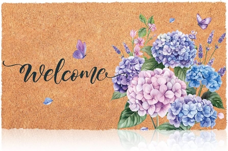 Doormat Hydrangea Illustration Butterfly Motif Cursive Script Spring