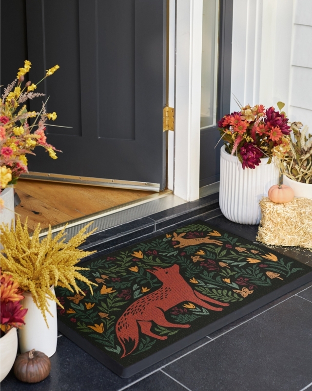 Doormat Illustrated Woodland Friends Black Base Cottagecore Modern Fox