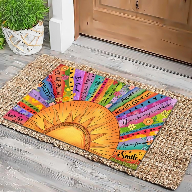 Doormat Inspirational Quote Sunburst Graphic Layered Rug Look