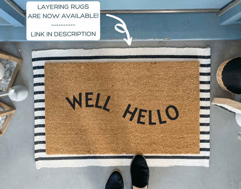 Doormat, Layered Design, Striped Accent Rug, Printed Well Hello Greeting.