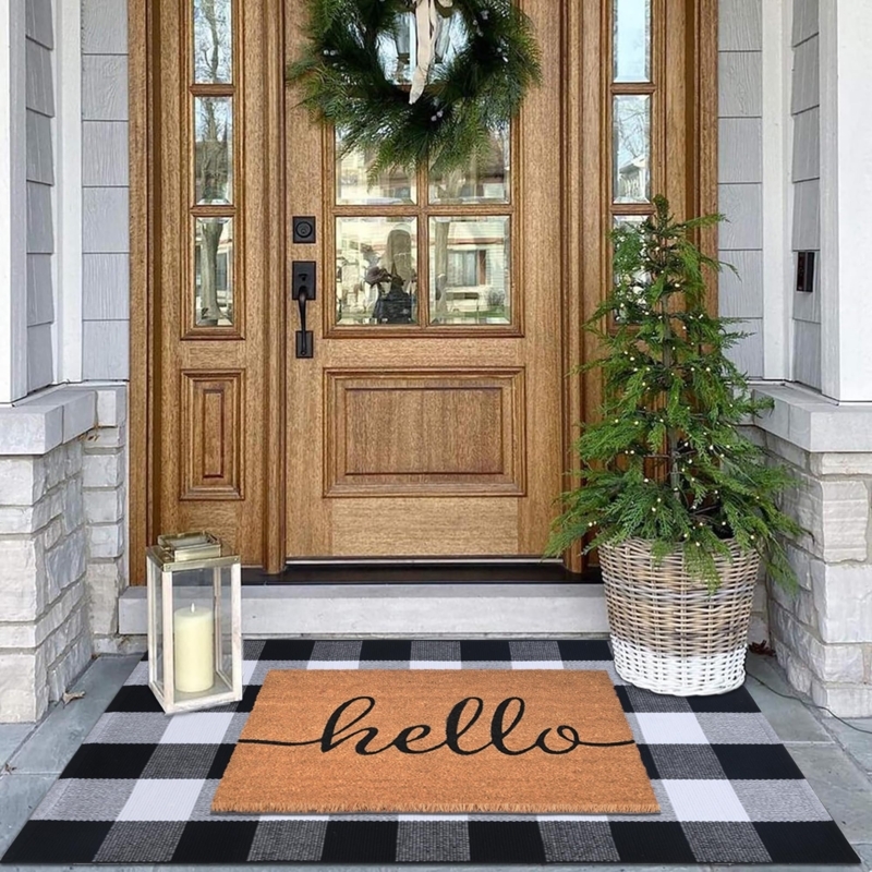 Doormat, Layered Rug Look, Buffalo Check Plaid, Natural Coir, Script Hello.