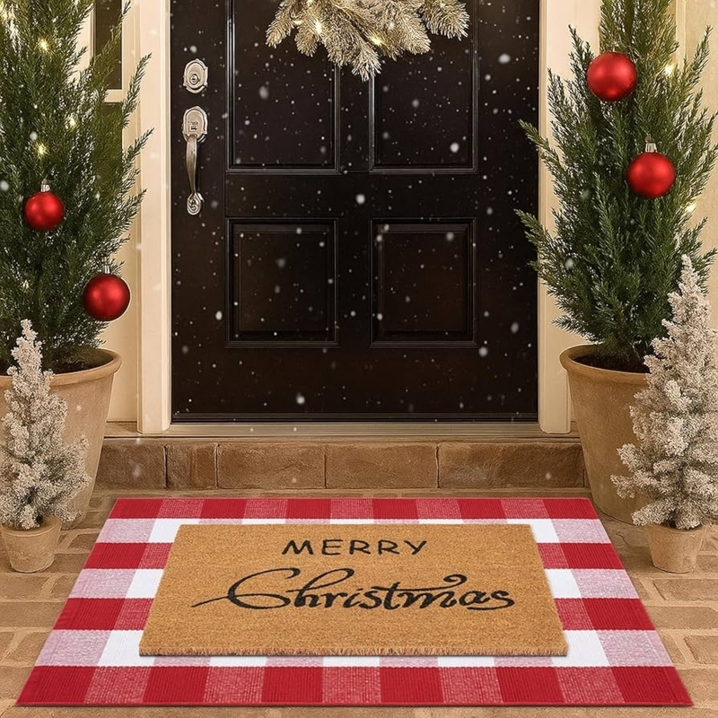 Doormat Layered Rug Set Coco Coir, Buffalo Plaid Border, Layered Christmas Porch Mat Set