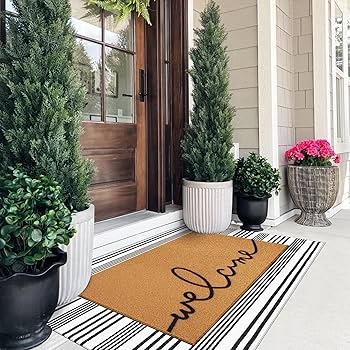 Doormat Layered Set Coco Coir Welcome Script Black White Stripes