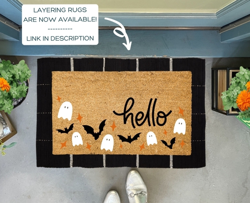 Doormat Layered Set Ghost and Bat Motifs on Striped Rug Halloween Decor