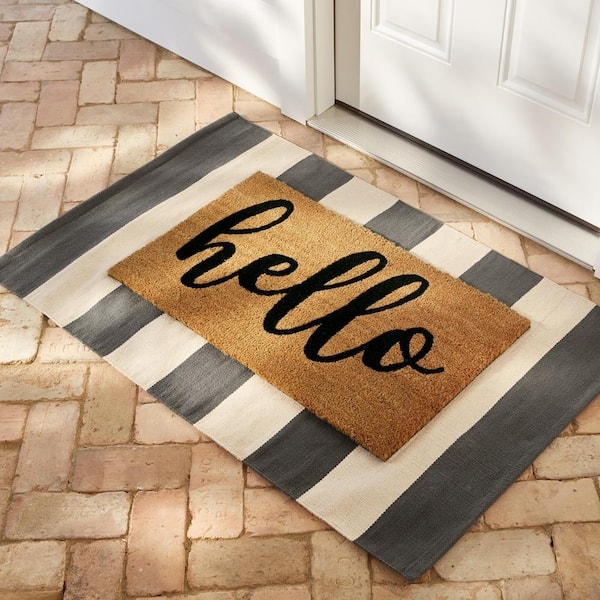 Doormat, Layered Styling, Script Hello, Charcoal Stripes, Modern Farmhouse.