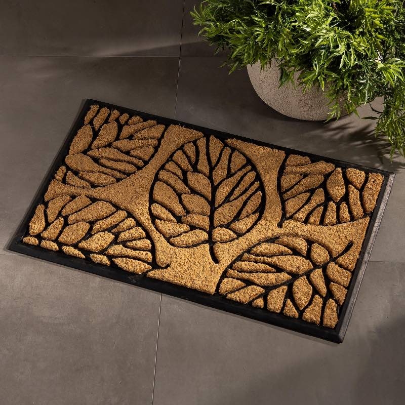 Doormat Leaf Motif Tan Black Rubber Border Coir