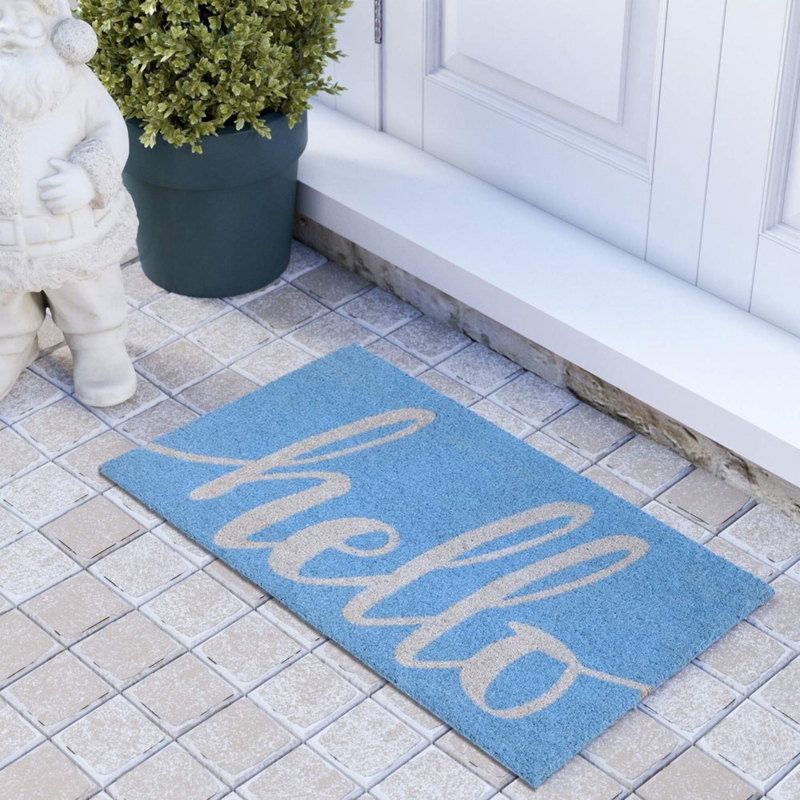 Doormat Light Blue Coir Cursive Hello Cheerful Hello Script Doormat