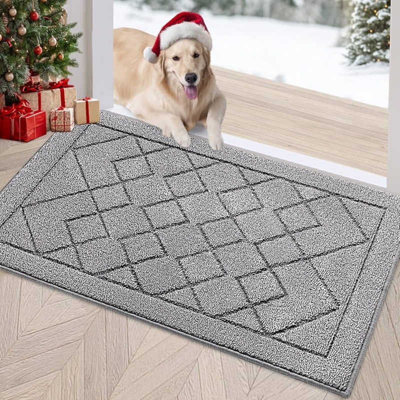 Doormat Light Grey Geometric Diamond Pattern Low Profile Bound Edges
