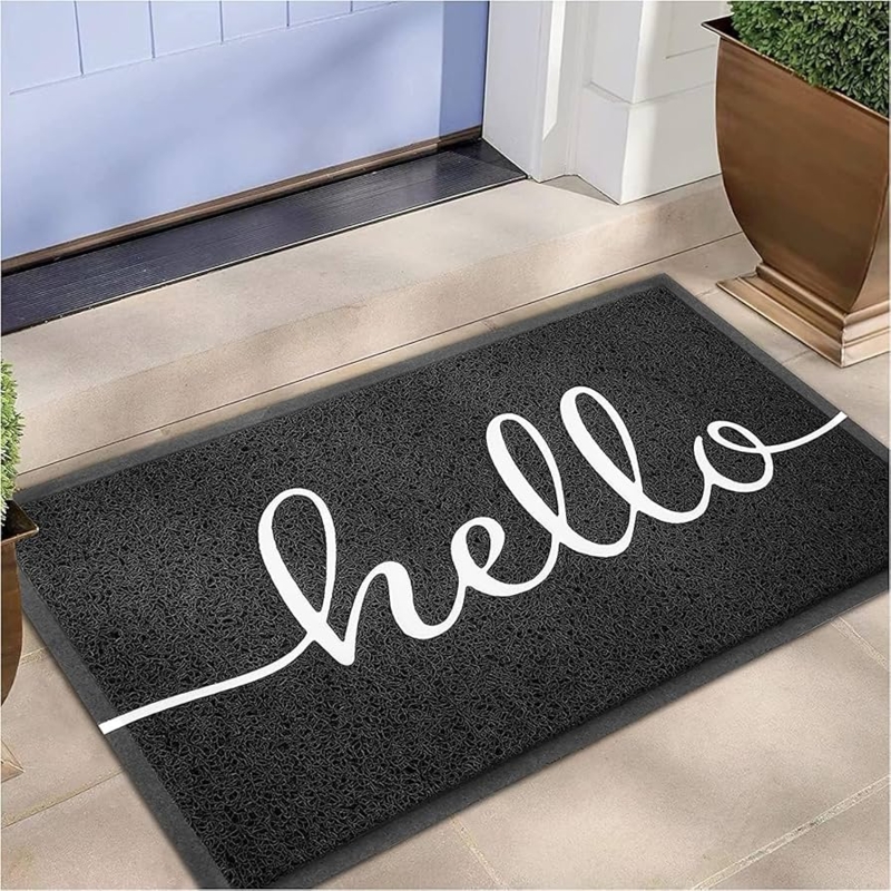 Doormat, Low Profile, Charcoal, White Cursive Hello Script, Loopy Fiber.