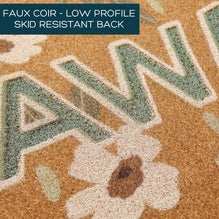 Doormat Low Profile Faux Coir, Sage Green Floral Typography.