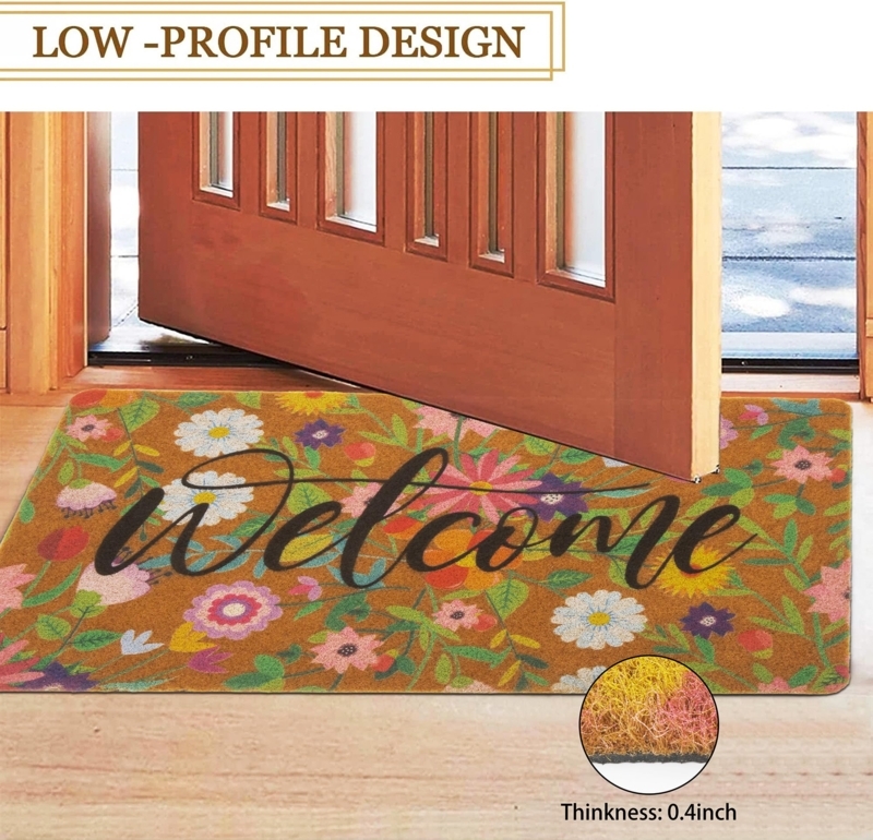 Doormat Low Profile Floral Print Script Welcome Cottage Style Entrance