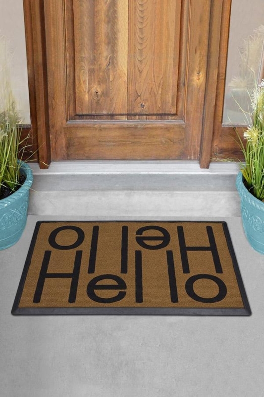 Doormat, Low Profile, Tan, Black Ambigram Hello Graphic, Modern Styling.