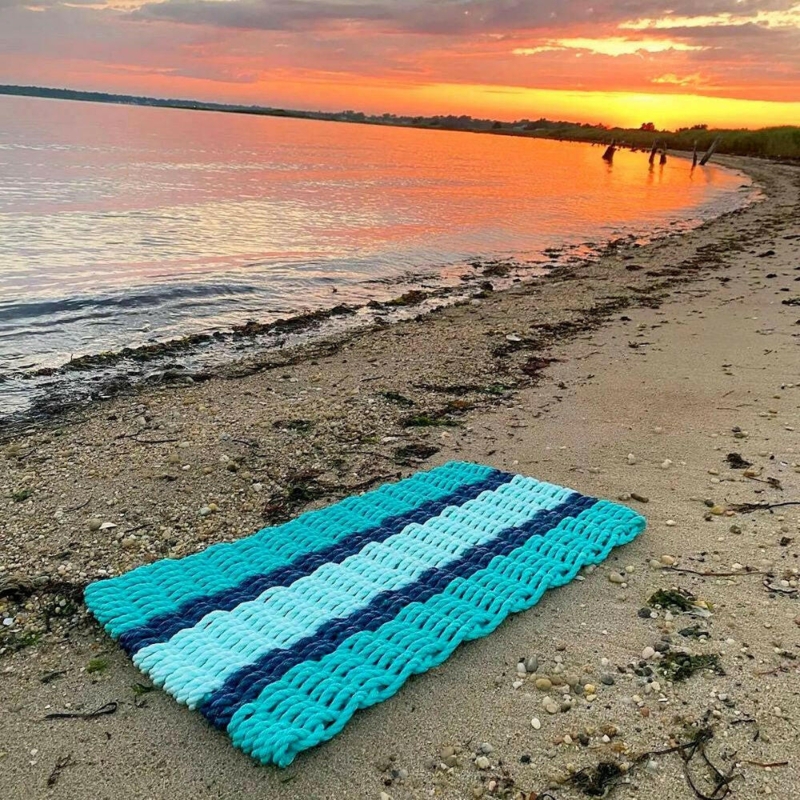 Doormat made of Braided Lobster Rope in Tricolor Stripe.
